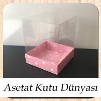 10x10x12 Altı Pembe Zemin Beyaz Puantiyeli Karton, Üstü Asetat Kutu