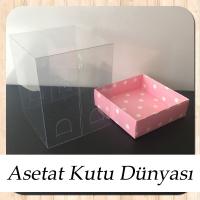 10x10x12 Altı Pembe Zemin Beyaz Puantiyeli Karton, Üstü Asetat Kutu