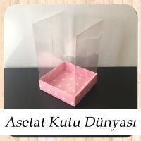 10x10x16 Altı Pembe Zemin Beyaz Puantiyeli Karton, Üstü Asetat Kutu