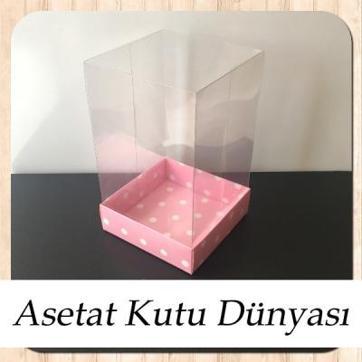 10x10x16 Altı Pembe Zemin Beyaz Puantiyeli Karton, Üstü Asetat Kutu