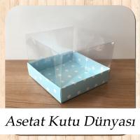 12x12x8.5 Altı Mavi Zemin Beyaz Puantiyeli Karton Üstü Asetat Kutu
