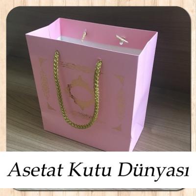 15.5x17x8 Ölçülü Pembe Üzerine Gold Saray Desenli Karton Çanta
