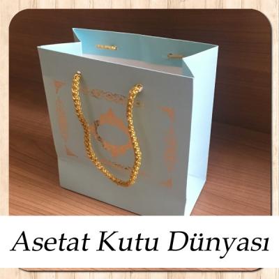 15.5x17x8 Ölçülü Mavi Üzerine Gold Saray Desenli Karton Çanta