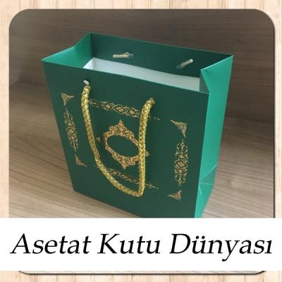 15.5x17x8 Ölçülü Yeşil Üzerine Gold Saray Desenli Karton Çanta