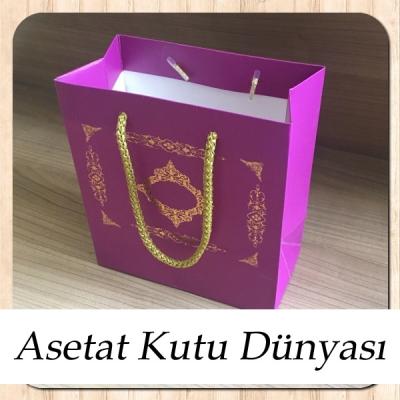 15.5x17x8 Ölçülü Mor Üzerine Gold Saray Desenli Karton Çanta