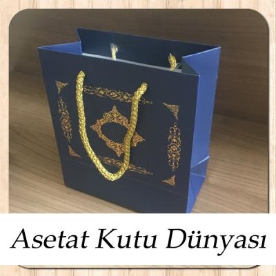 15.5x17x8 Ölçülü Lacivert Üzerine Gold Saray Desenli Karton Çanta
