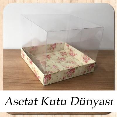 15x15x12 Altı Gül Desenli Sarı Karton, Üstü Asetat Kutu