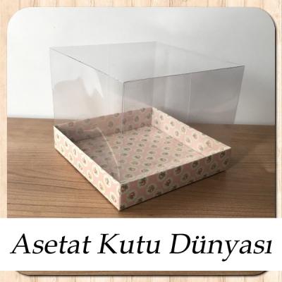 15x15x12 Altı Pembe, Gül Desenli Karton Üstü Asetat Kutu