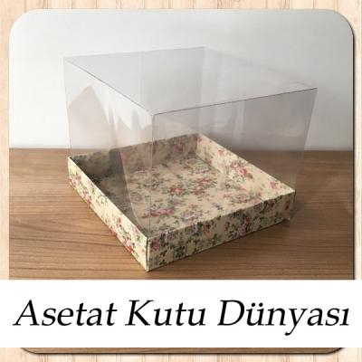 15x15x12 Altı Renkli Çiçek Desenli Karton, Üstü Asetat Kutu