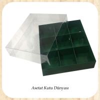 15x15x3 Altı Yeşil Karton Üstü Asetat İçi 9 Bölmeli kutu