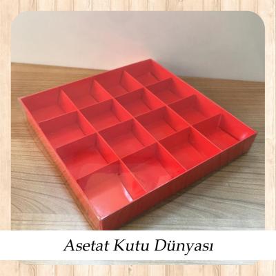 20x20x3 Altı Kırmızı Karton Üstü Asetat İçi 16 Bölmeli kutu
