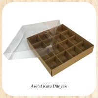 25x25x5 Altı Kraft Karton Üstü Asetat İçi 16 Bölmeli kutu