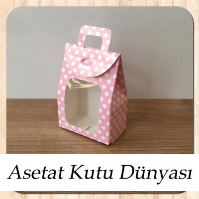 7.5x10.5x4.5 Ölçülü Pencereli Pembe Puantiyeli Çerez Kutu