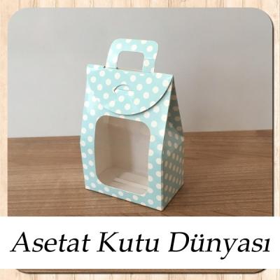 7.5x10.5x4.5 Ölçülü Pencereli Mavi Puantiyeli Çerez Kutusu