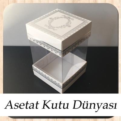 8x8x12 Asetat, Çift Taraflı Beyaz Üzerine Gümüş Kilim Desenli Kutu