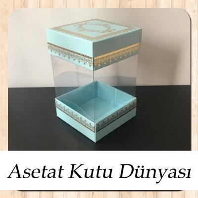 8x8x12 Asetat, Çift Taraflı Mavi Üzerine Gold Kilim Desenli Karton Kutu