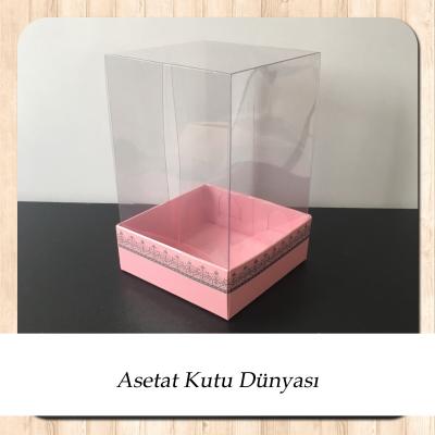 8x8x12 Asetat, Tek Taraflı Pembe Üzerine Gümüş Kilim Desenli Karton Kutu