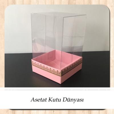 8x8x12 Asetat, Tek Taraflı Pembe Üzerine Gold Kilim Desenli Karton Kutu