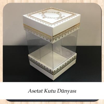 8x8x12 Asetat, Çift Taraflı Beyaz Üzerine Gold Kilim Desenli Kutu