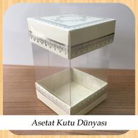 8x8x12 Asetat, Çift Taraflı Krem Üzerine Gümüş Kilim Desenli Kutu