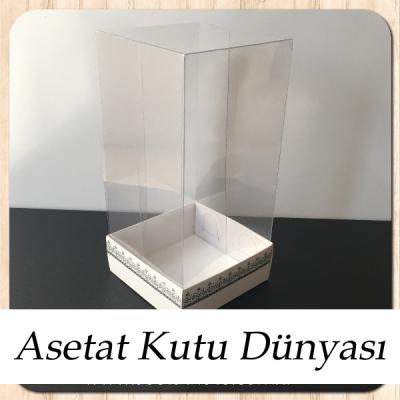 8x8x16 Asetat, Tek Taraflı Beyaz Üzerine Gümüş Kilim Desenli Kutu