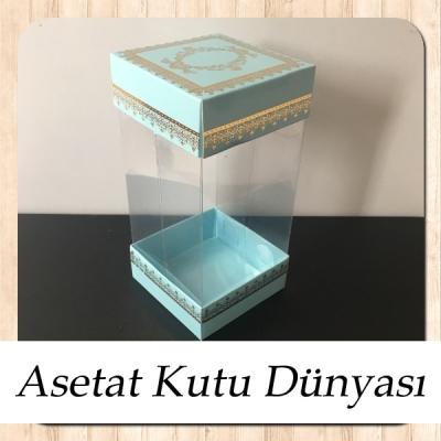 8x8x16 Asetat, Çift Taraflı Mavi Üzerine Gold Kilim Desenli Karton Kutu