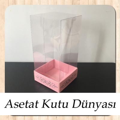 8x8x16 Asetat, Tek Taraflı Pembe Üzerine Gümüş Saray Desenli Karton Kutu