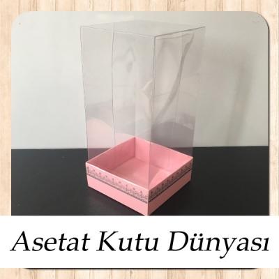 8x8x16 Asetat, Tek Taraflı Pembe Üzerine Gümüş Kilim Desenli Karton Kutu