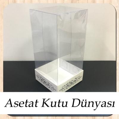 8x8x16 Asetat, Tek Taraflı Beyaz Üzerine Gümüş Saray Desenli Kutu