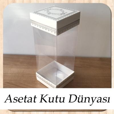 8x8x20 Asetat, Çift Taraflı Beyaz Üzerine Gümüş Kilim Desenli Kutu