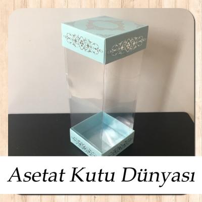 8x8x20 Asetat, Çift Taraflı Mavi Üzerine Gümüş Saray Desenli Karton Kutu