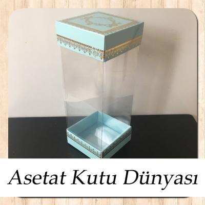 8x8x20 Asetat, Çift Taraflı Mavi Üzerine Gold Kilim Desenli Karton Kutu