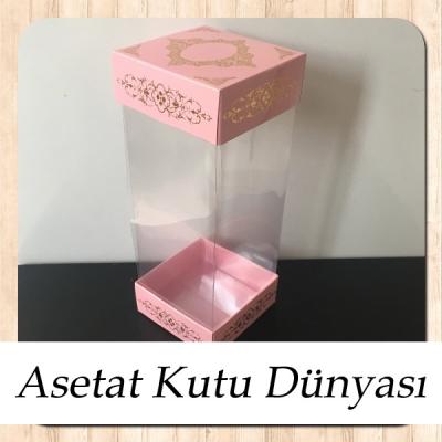 8x8x20 Asetat, Çift Taraflı Pembe Üzerine Gold Saray Desenli Karton Kutu