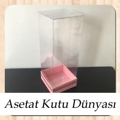 8x8x20 Asetat, Tek Taraflı Pembe Üzerine Gümüş Kilim Desenli Karton Kutu