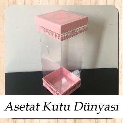 8x8x20 Asetat, Çift Taraflı Pembe Üzerine Gümüş Kilim Desenli Karton Kutu