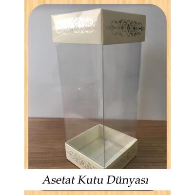 8x8x20 Asetat, Çift Taraflı Krem Üzerine Gümüş Saray Desenli Kutu