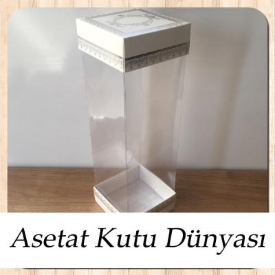 8x8x25 Asetat, Çift Taraflı Beyaz Üzerine Gümüş Kilim Desenli Kutu