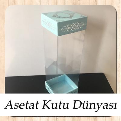 8x8x25 Asetat, Çift Taraflı Mavi Üzerine Gümüş Saray Desenli Karton Kutu