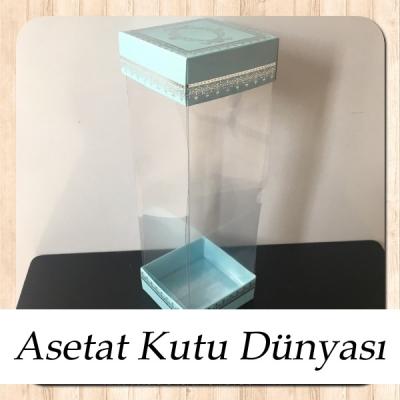 8x8x25 Asetat, Çift Taraflı Mavi Üzerine Gümüş Kilim Desenli Karton Kutu