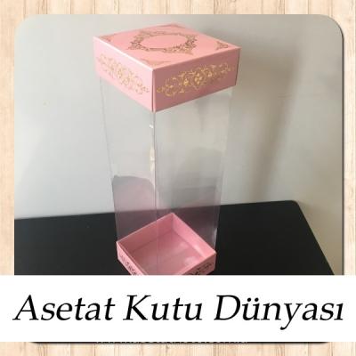 8x8x25 Asetat, Çift Taraflı Pembe Üzerine Gold Saray Desenli Karton Kutu