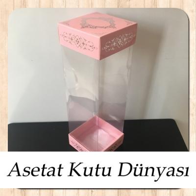 8x8x25 Asetat, Çift Taraflı Pembe Üzerine Gümüş Saray Desenli Karton Kutu