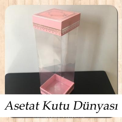 8x8x25 Asetat, Çift Taraflı Pembe Üzerine Gümüş Kilim Desenli Karton Kutu