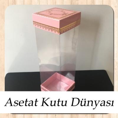 8x8x25 Asetat, Çift Taraflı Pembe Üzerine Gold Kilim Desenli Karton Kutu