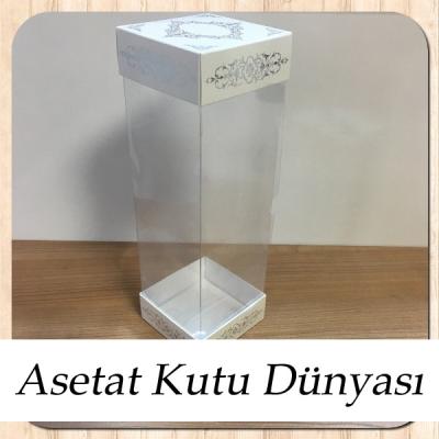 8x8x25 Asetat, Çift Taraflı Beyaz Üzerine Gümüş Saray Desenli Kutu