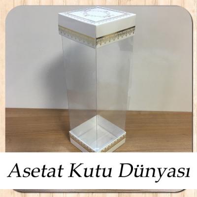 8x8x25 Asetat, Çift Taraflı Beyaz Üzerine Gold Kilim Desenli Kutu