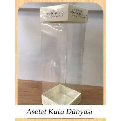 8x8x25 Asetat, Çift Taraflı Krem Üzerine Gümüş Saray Desenli Kutu