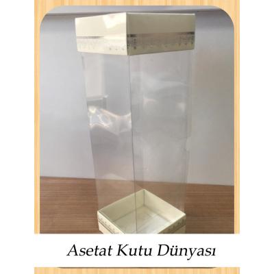 8x8x25 Asetat, Çift Taraflı Krem Üzerine Gümüş Kilim Desenli Kutu