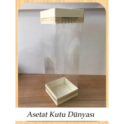 8x8x25 Asetat, Çift Taraflı Krem Üzerine Gold Kilim Desenli Kutu