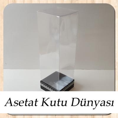 8x8x25 Asetat, Tek Taraflı Siyah Üzerine Gümüş Kilim Desenli Kutu