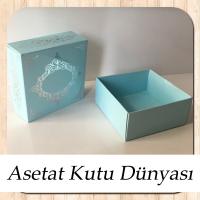 8x8x3.5 Mavi Üzeri Gümüş Yaldız Baskılı Saray Desenli Karton Kutu